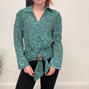 Lafayette 148 Long Sleeve Geometric Shirt Blouse Tie-Front Collared Size 2 Blue
